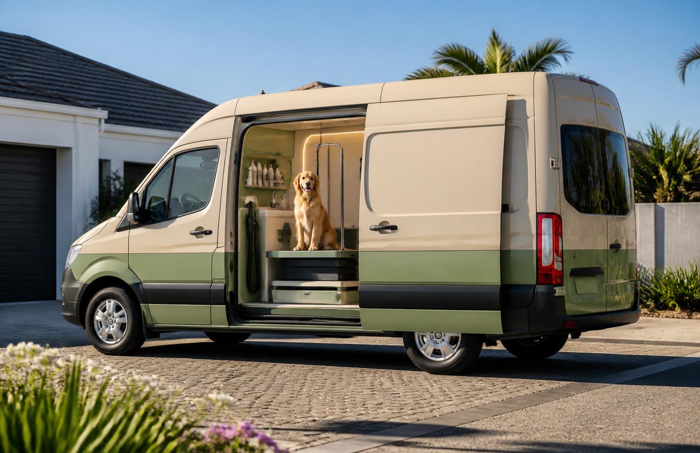 Dog Saloon mobile grooming van parked in a Gauteng driveway