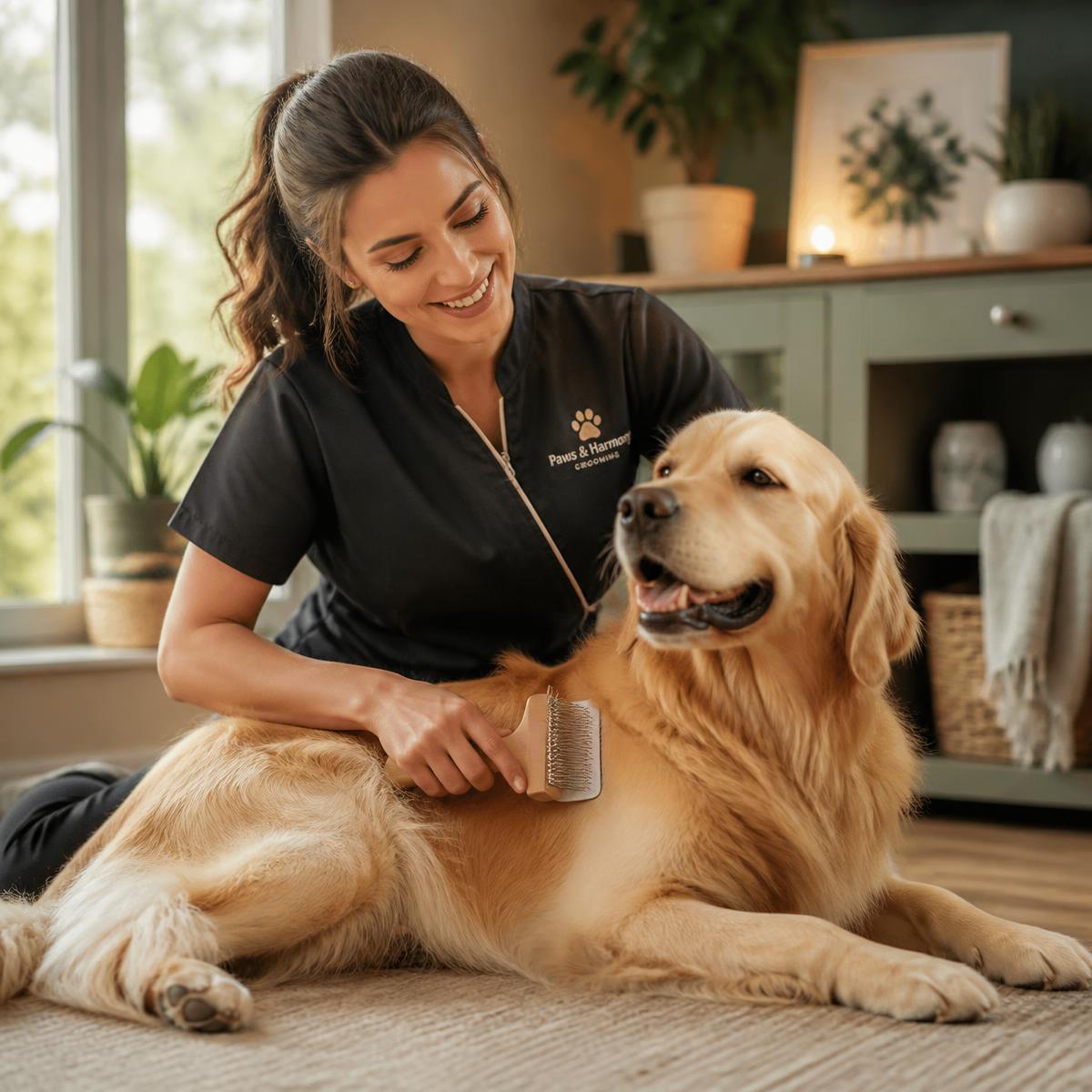 Dog Saloon groomer gently brushing a golden retriever at a client's home