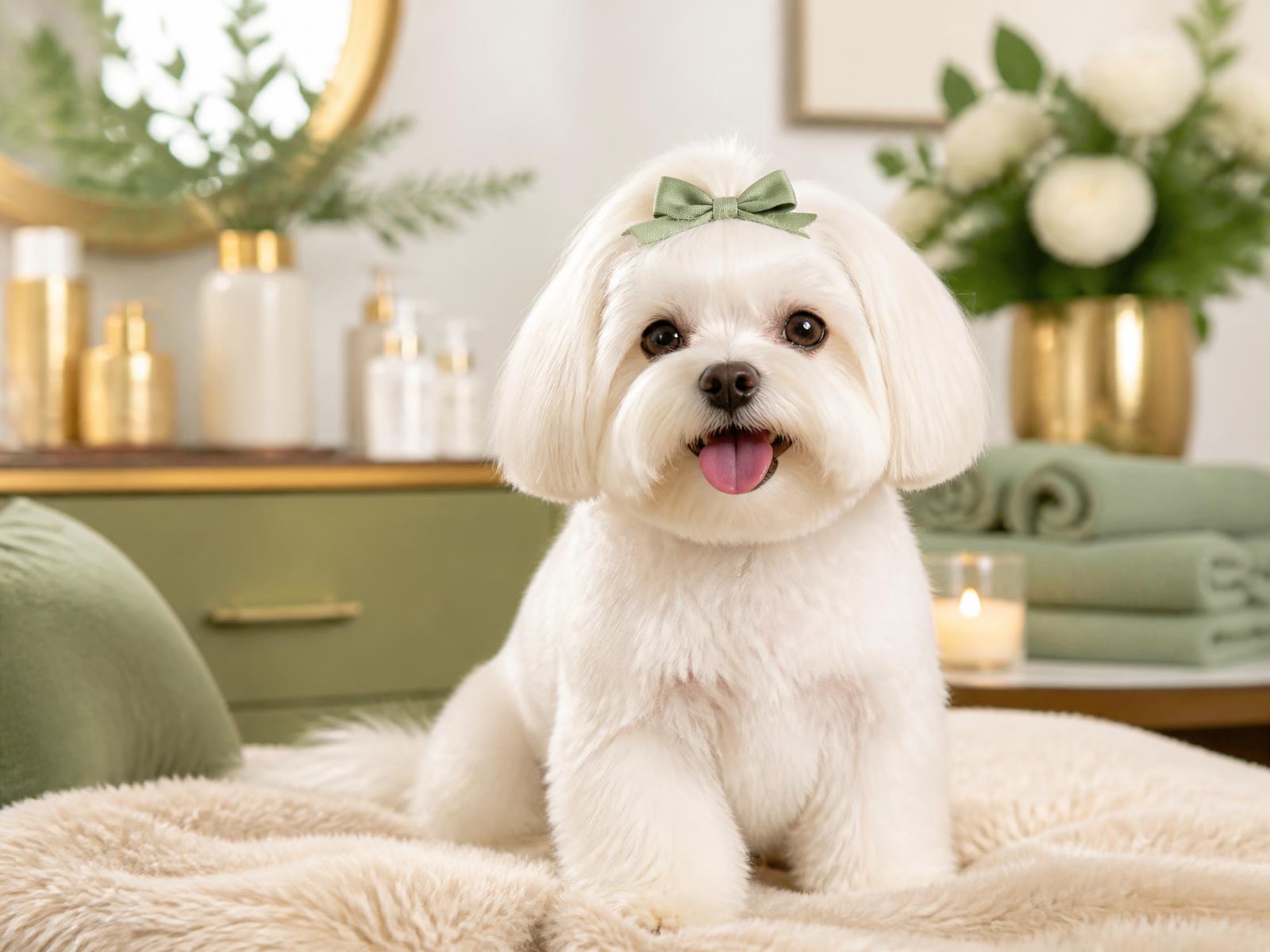 Freshly groomed white Maltese dog after a Dog Saloon mobile groom at home in Gauteng